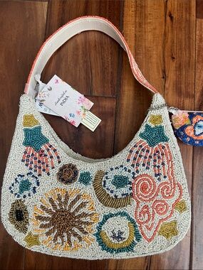 Beaded Embroidered Crescent Shoulder Bag - Coral & Cream